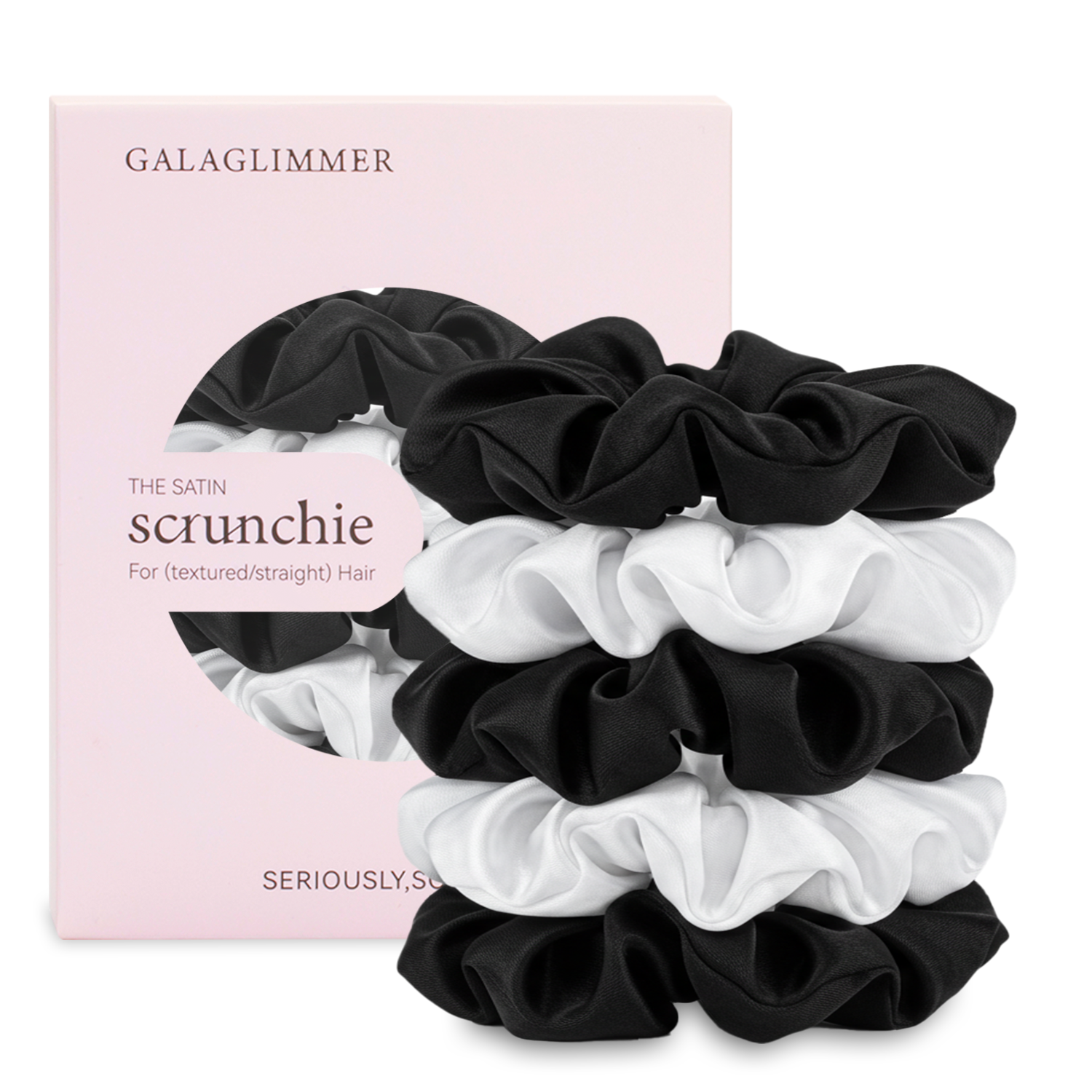 Satin Scrunchies for Women for Girls for All Hair Types and Textures, Crease-Free Hair Accessories 5-Pack (Black + White)