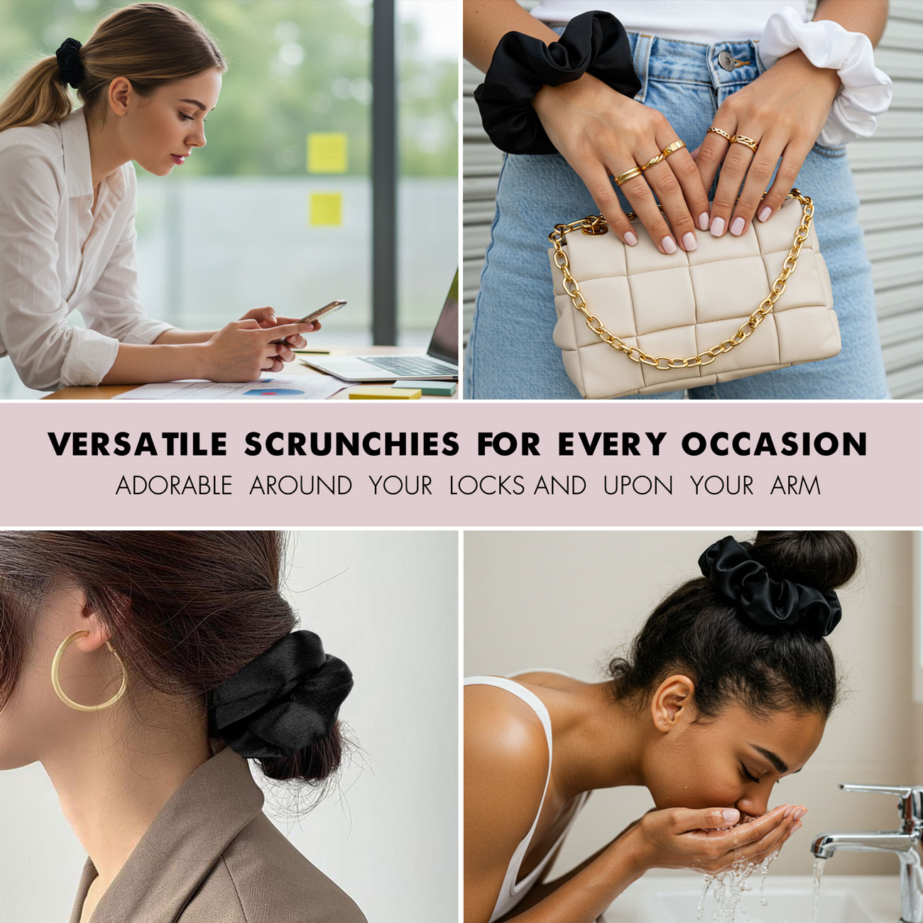 Satin Scrunchies for Women for Girls for All Hair Types and Textures, Crease-Free Hair Accessories 5-Pack (Black + White)