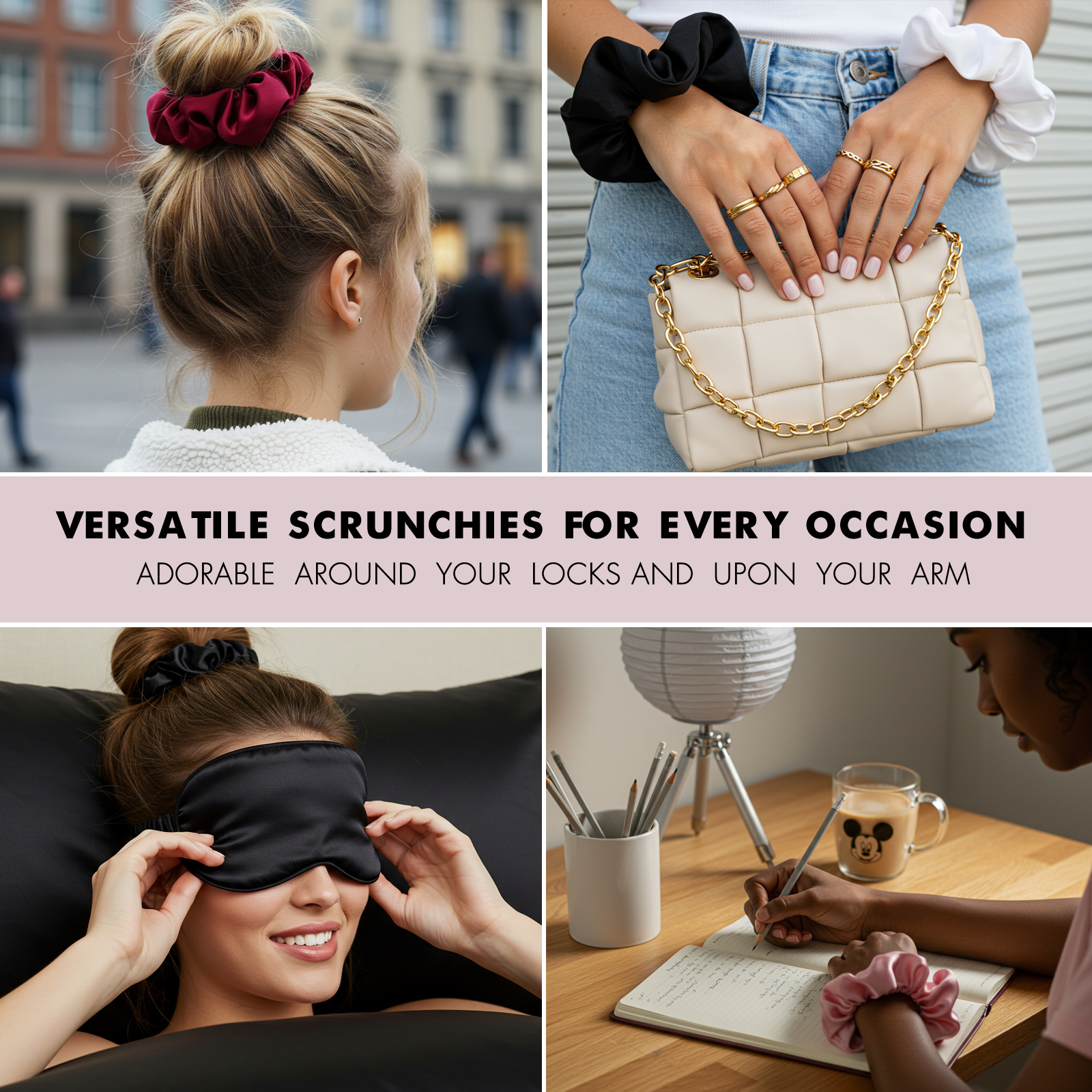Satin Scrunchies for Women: No-Damage Hair Ties for Girls, Day to Night Silk-Like Scrunchies for All Hair Types and Textures, Crease-Free Hair Accessories 5-Pack